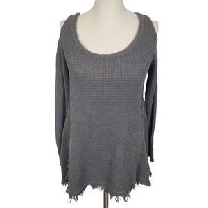 RUBY MOON Women's Sweater Cold Shoulder Fringe Long Sleeve Gray Cotton Size S
